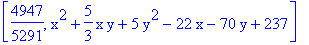 [4947/5291, x^2+5/3*x*y+5*y^2-22*x-70*y+237]